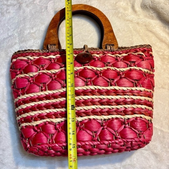 Straw Tote Red Beige Brown 100% Cornhusk Wooden Handles Fabric interior Pocket - Picture 12 of 12